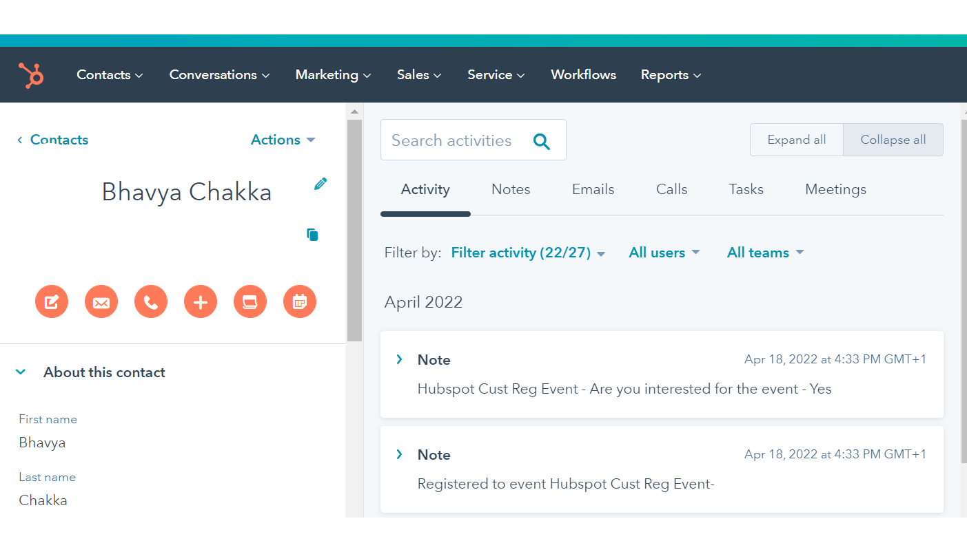 Status updates on Contact
